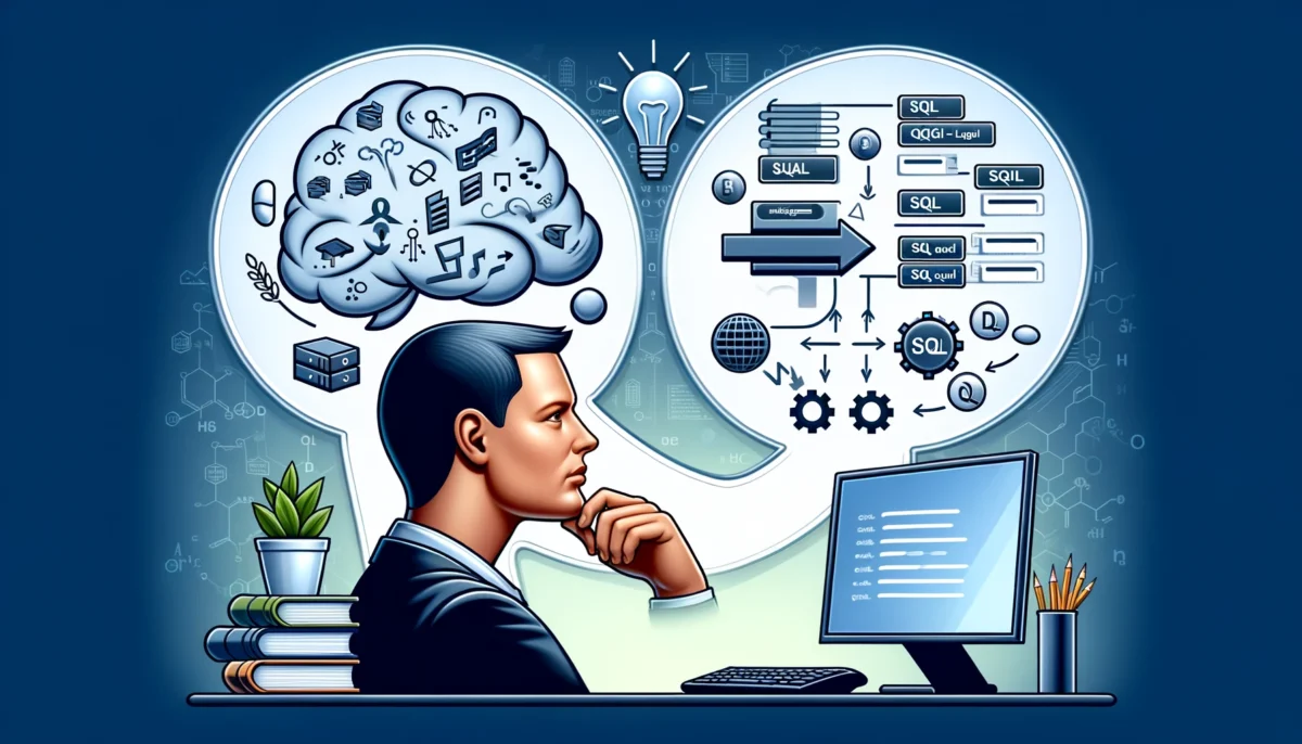 Conceptual illustration showing the process of converting natural language queries into SQL format, with a person on the left side depicted with a generic thought bubble, and a computer screen on the right displaying symbolic representations of SQL elements, emphasizing the abstract transformation from human thought to structured database query.