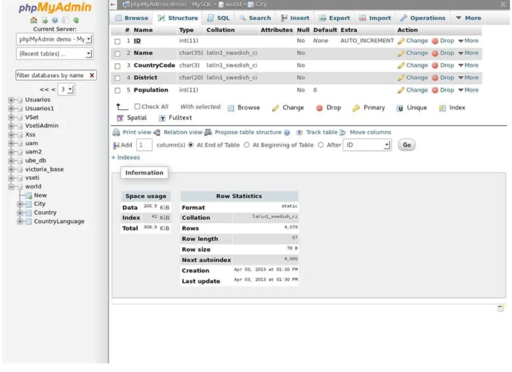 Screenshot of phpMyAdmin interface showing the structure of a 'City' database table with fields for ID, Name, CountryCode, District, and Population, including data types and attributes, within the phpMyAdmin demo environment.